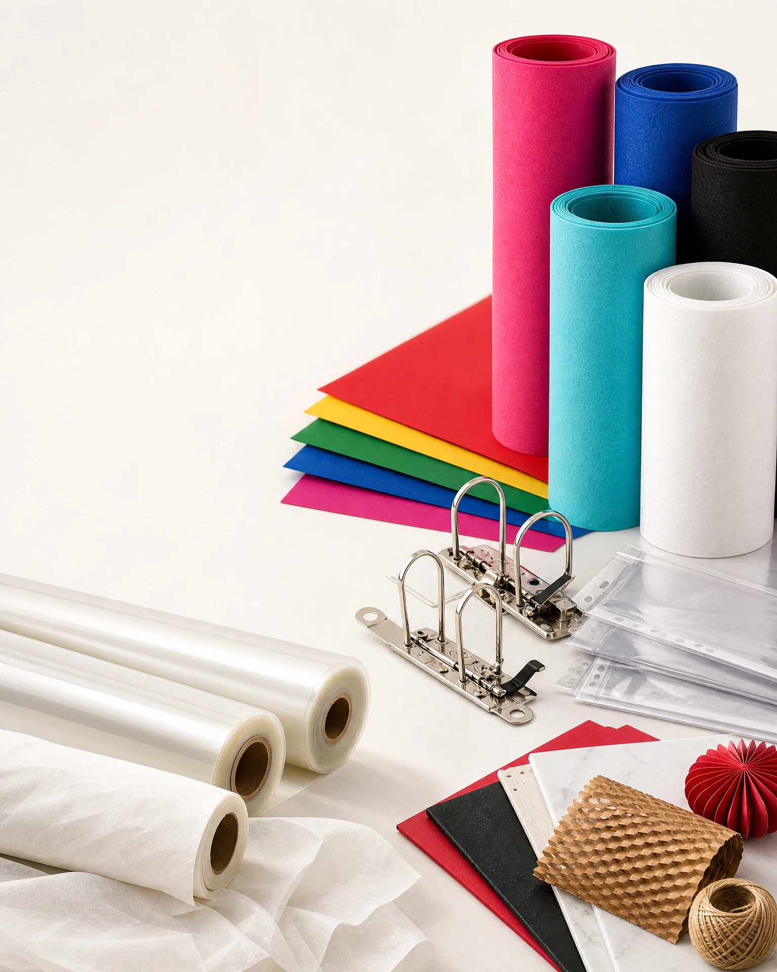 Colorful papers, creative sheets, packaging textures and office materials arranged for COLOXO